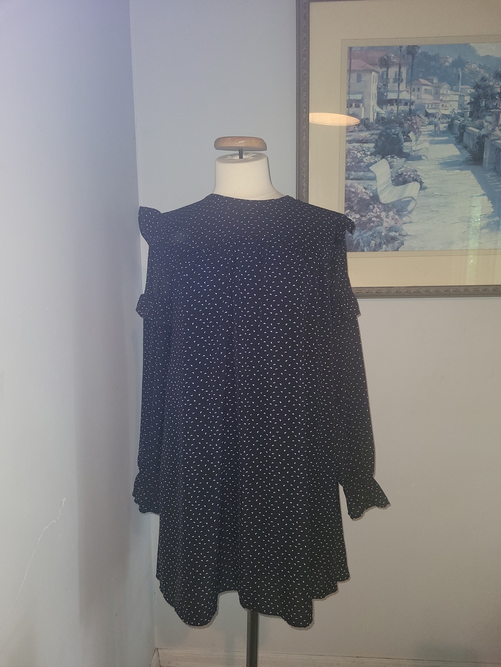 Black Polka Dot Mini Dress with Ruffle Shoulders